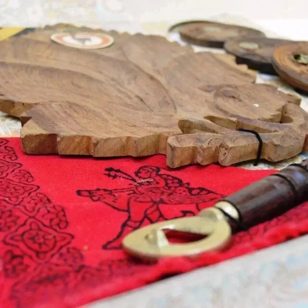 Vintage Mid Century Wooden Hand Carved Leaf Server, Coaster & Bottle Opener Set